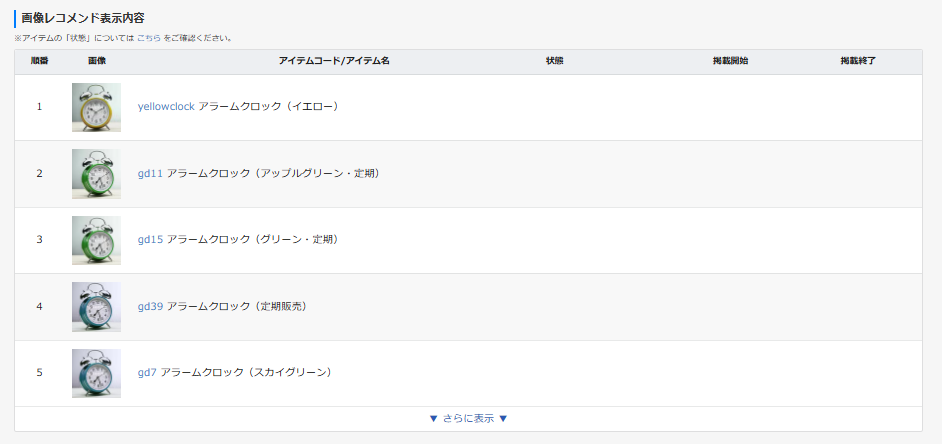 画像レコメンド表示内容