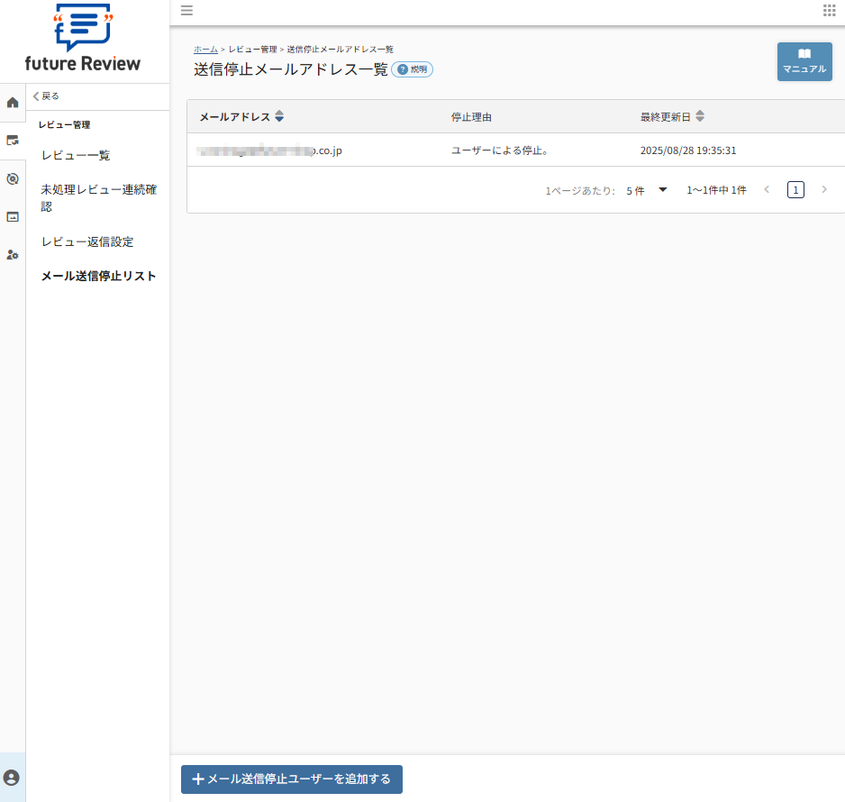 future Review管理画面 送信停止メールアドレス一覧