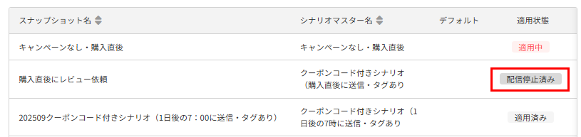 停止後の一覧画面での表示