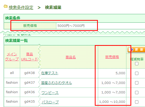 検索結果による表示