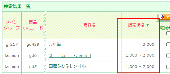 販売価格でのソート表示