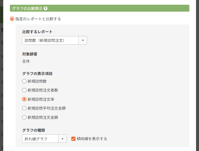 ［レポート設定］＞　グラフの比較表示「指定のレポートと比較する」