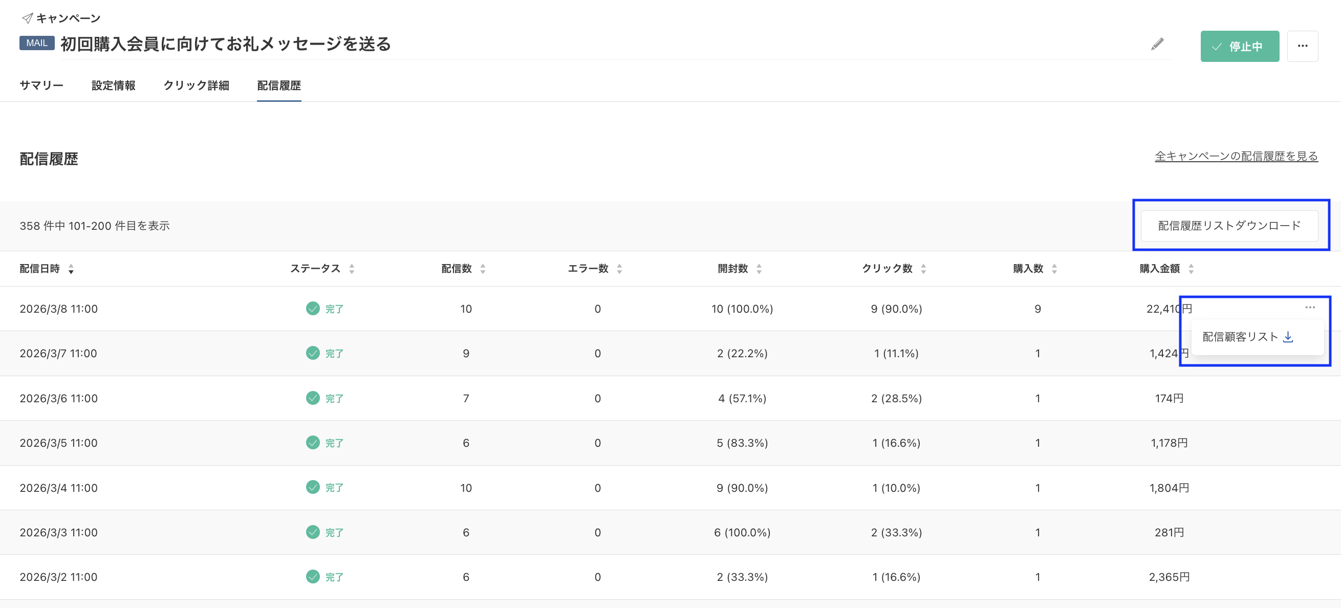 キャンペーン配信履歴