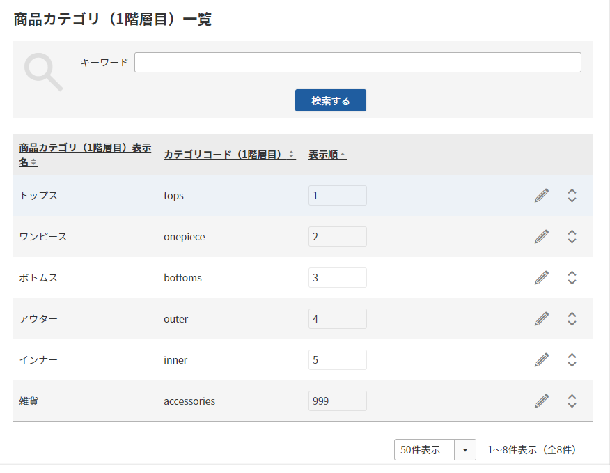 商品カテゴリ（1階層目）一覧